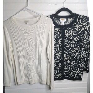 Talbots Women's Sweaters‎ Medium Petite Solid White Black Paisley Neutral Career